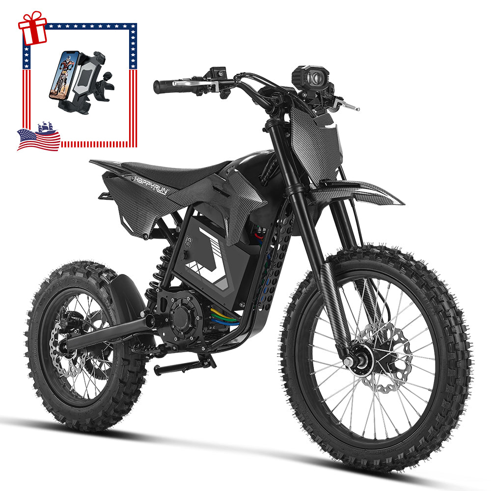 HappyRun F18 2.0 electric dirt bike in black, side profile