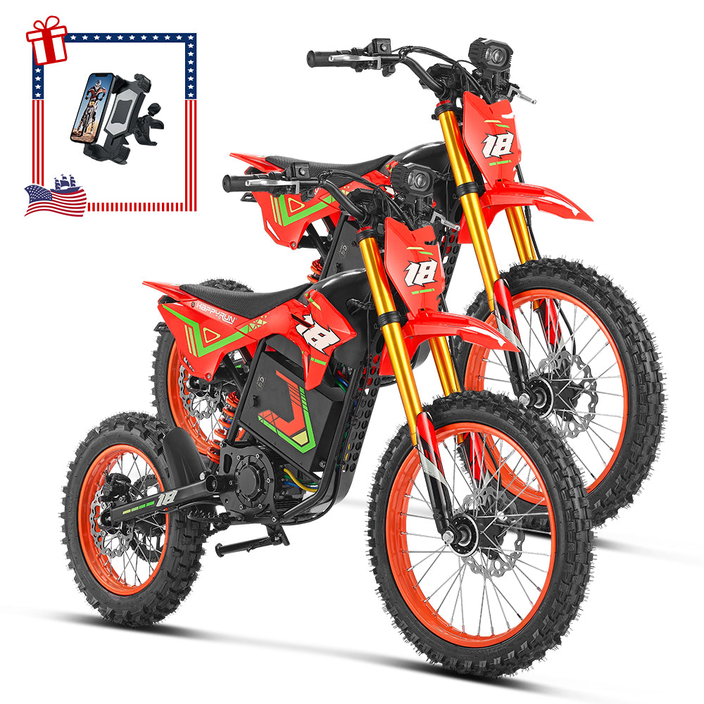 Two HappyRun F18 2.0 electric dirt bikes in red