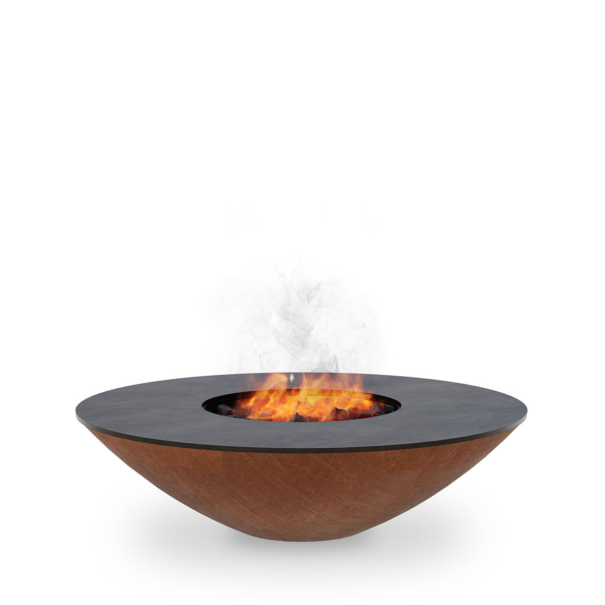 Arteflame Classic 40 fire pit with cooktop and a fire in the center, without a base