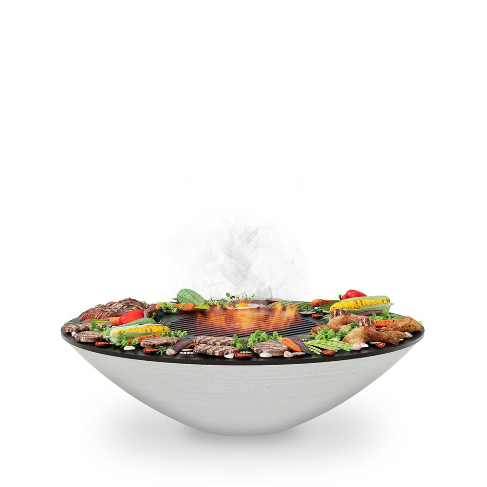 Arteflame 40 stainless fire pit with cooktop and food, without a base