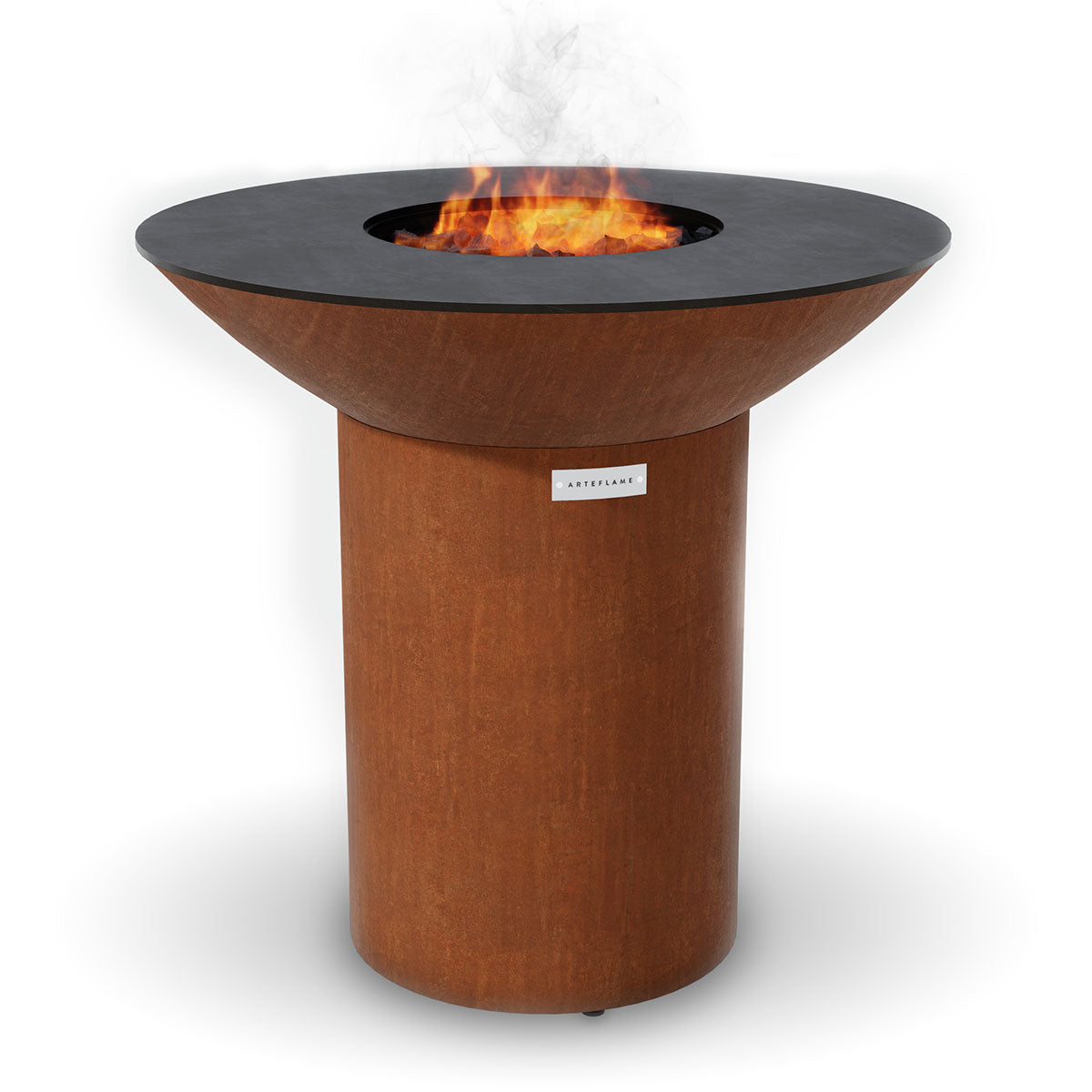 Arteflame Classic 40 grill on a tall round base with a fire in the center