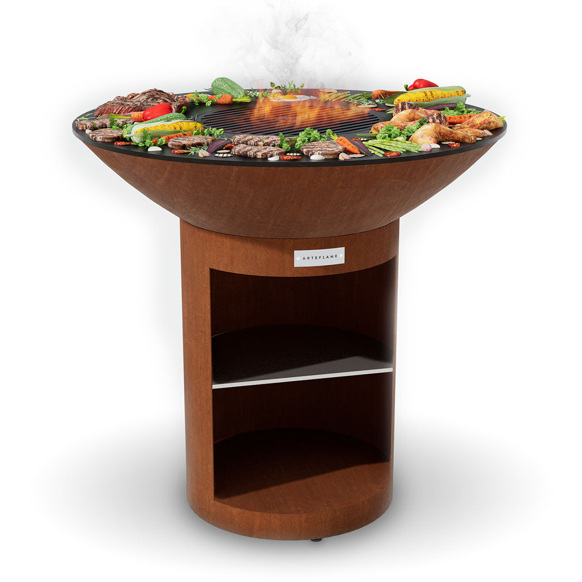 Arteflame Classic 40 grill on a CORTEN storage base with food on the cooktop