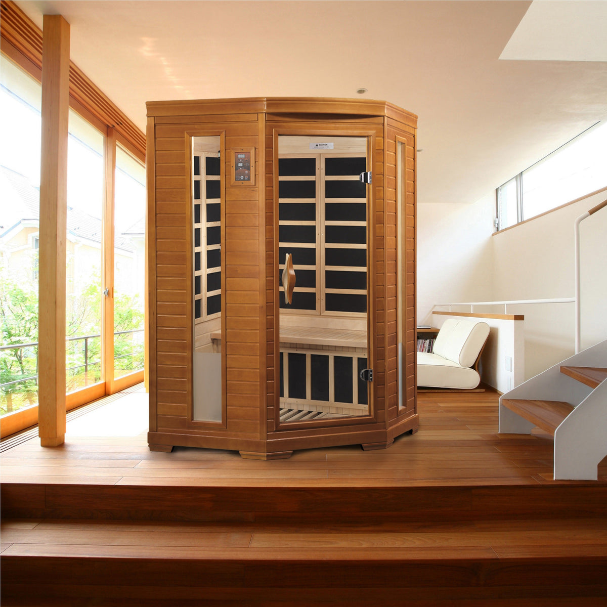 Dynamic "Heming" 2 Person Low EMF Far IR Sauna (DYN-6225-02), interior view with bench seating