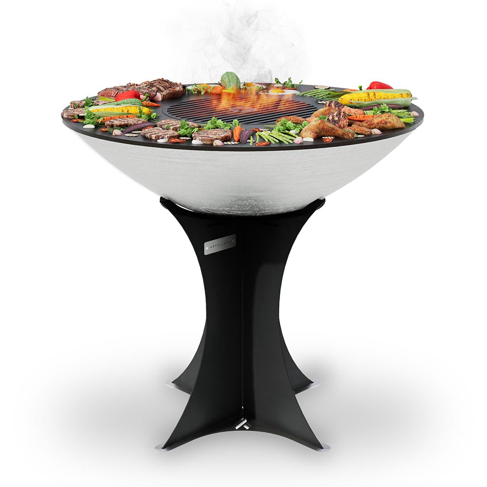 Arteflame 40 stainless steel grill on black Euro legs with food on the cooktop