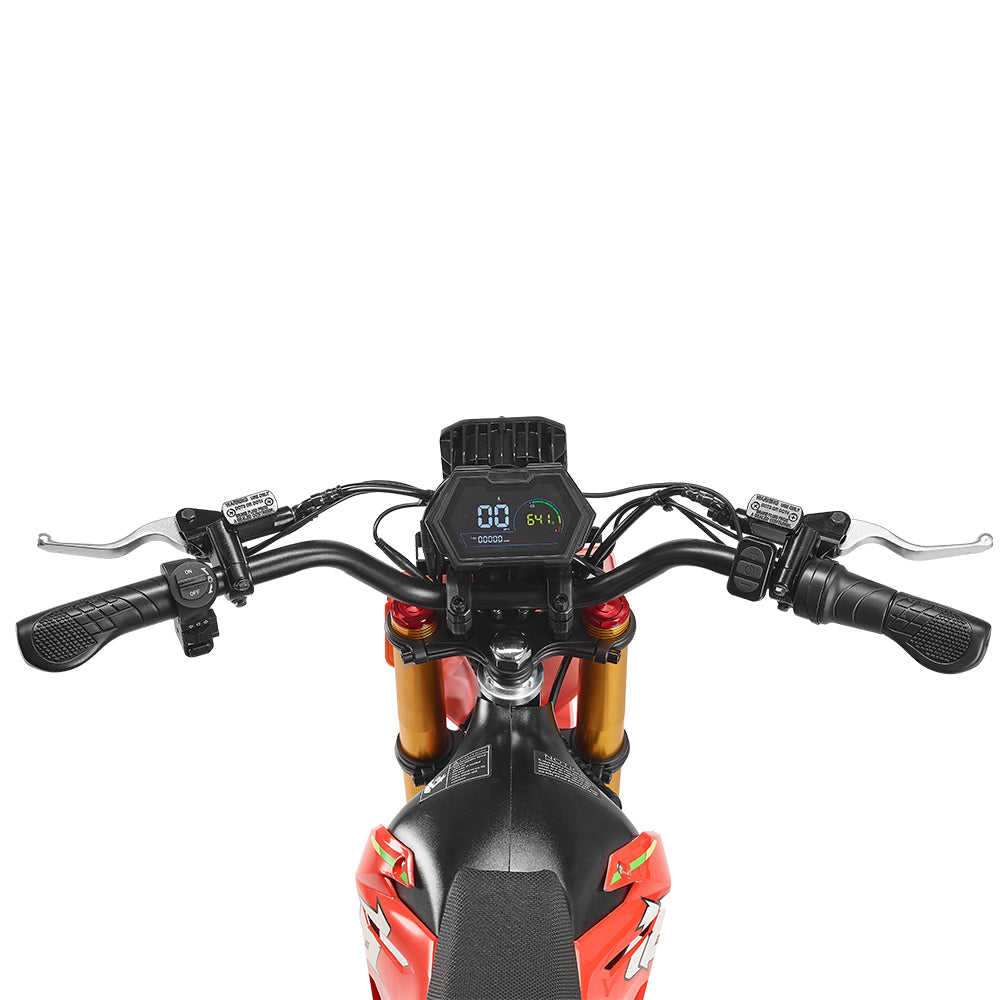 HappyRun F18 2.0 6000W Peak Mid-Drive Electric Dirt Bike, handlebar and display detail
