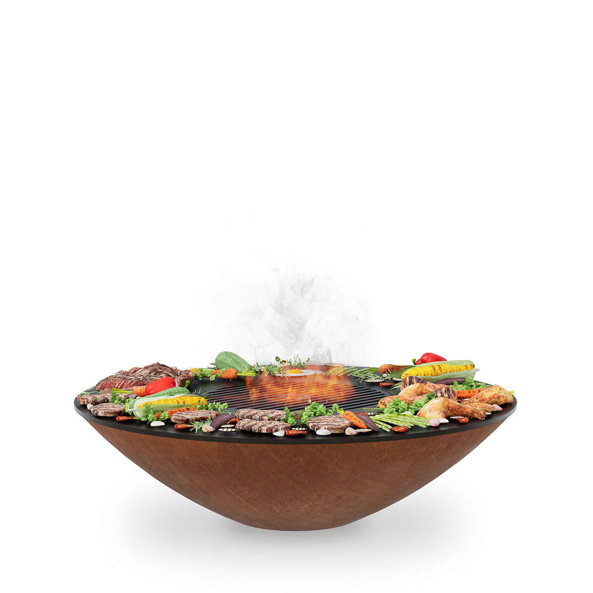 Arteflame Classic 40 fire pit with cooktop and food, without a base