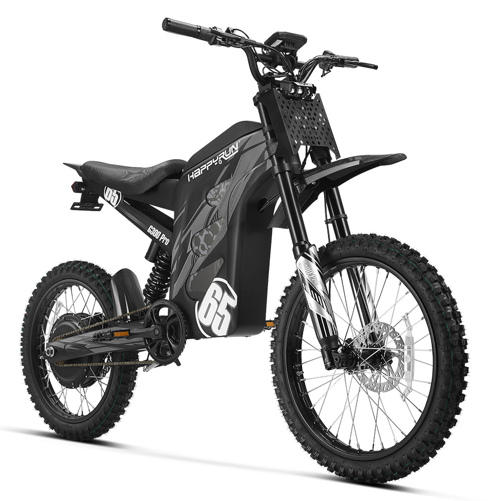 HappyRun G300 Pro 3000W (6500W Peak) Electric Dirt Bike, Black colorway three-quarter view