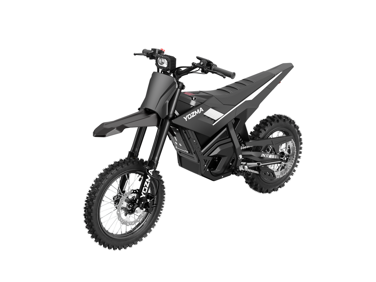 Yozma IN 11 electric dirt bike in black, rear three-quarter view