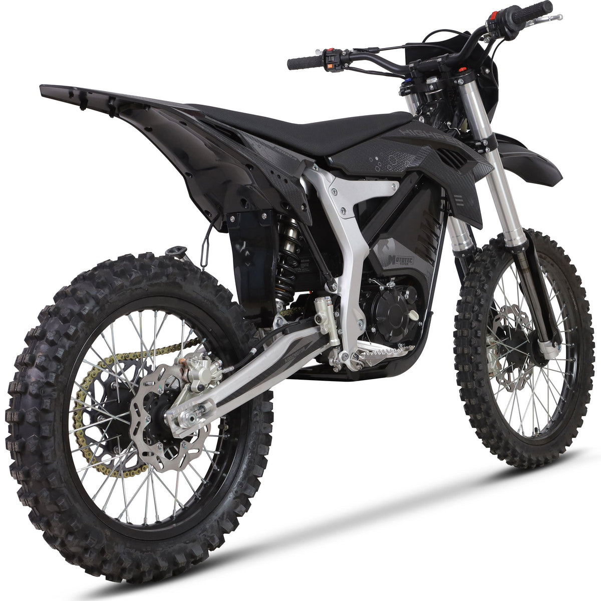 MotoTec Venom 72v 12000w Electric Dirt Bike Black, wheel and suspension detail