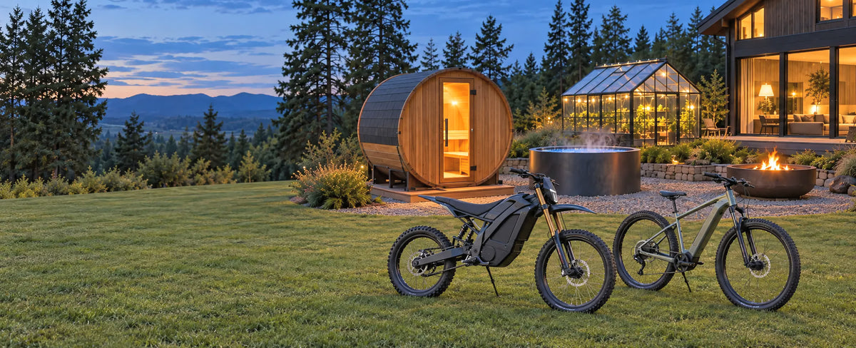 Backyard at dusk with a barrel sauna, cold plunge tub, fire pit, greenhouse, electric dirt bike and e-bike