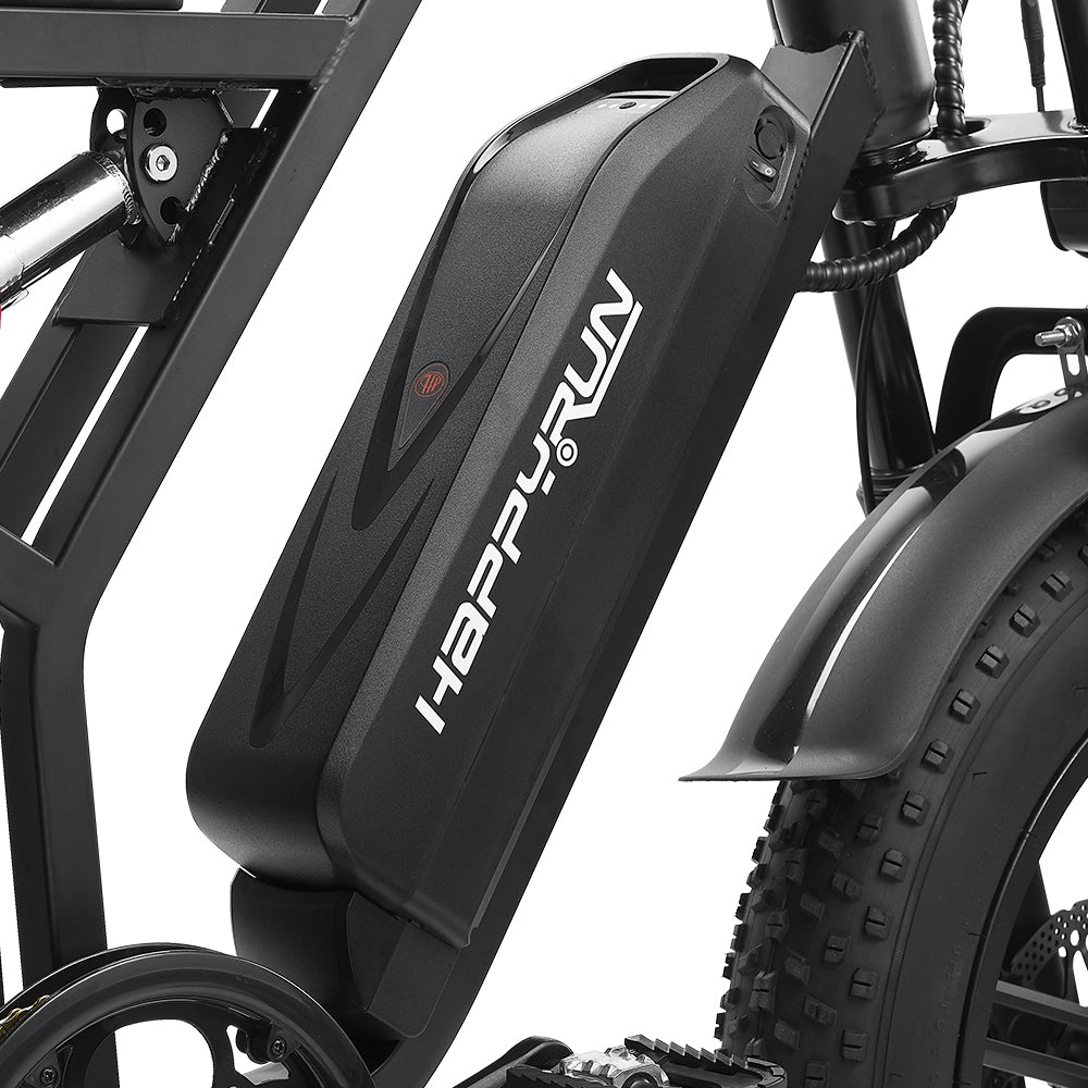 HappyRun Tank G60 750W (1500W Peak) Electric Fat Tire Bike, wheel and suspension detail