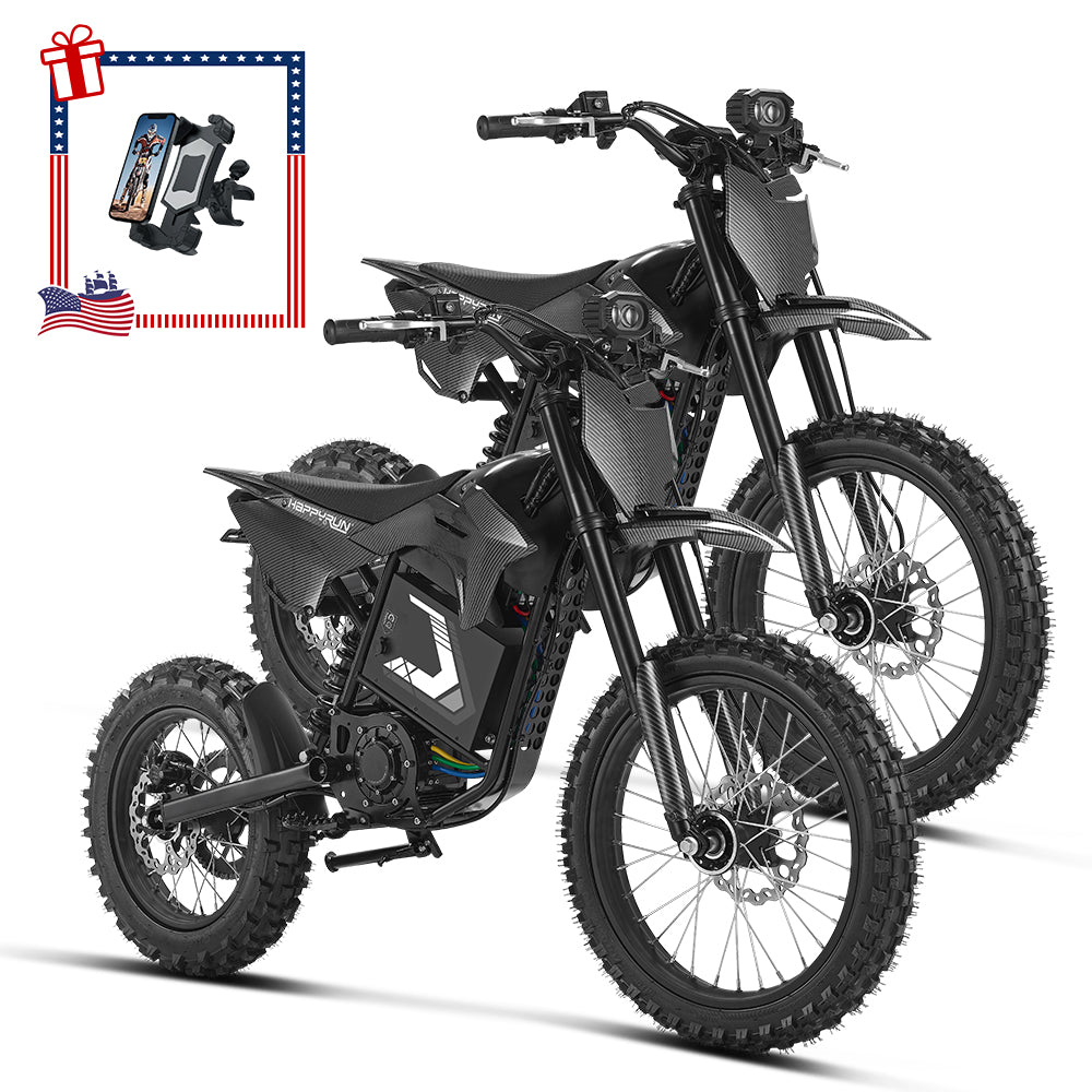 Two HappyRun F18 2.0 electric dirt bikes in black