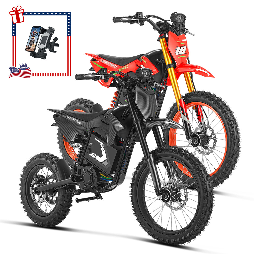HappyRun F18 2.0 electric dirt bikes in red and black