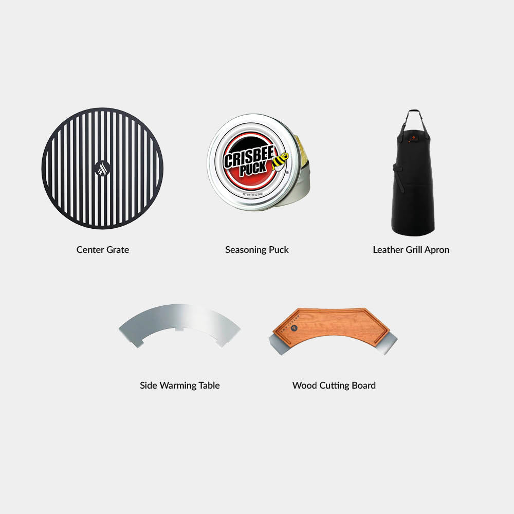 Center grate, seasoning puck, leather apron, side warming table and wood cutting board, the 5 Accessories set