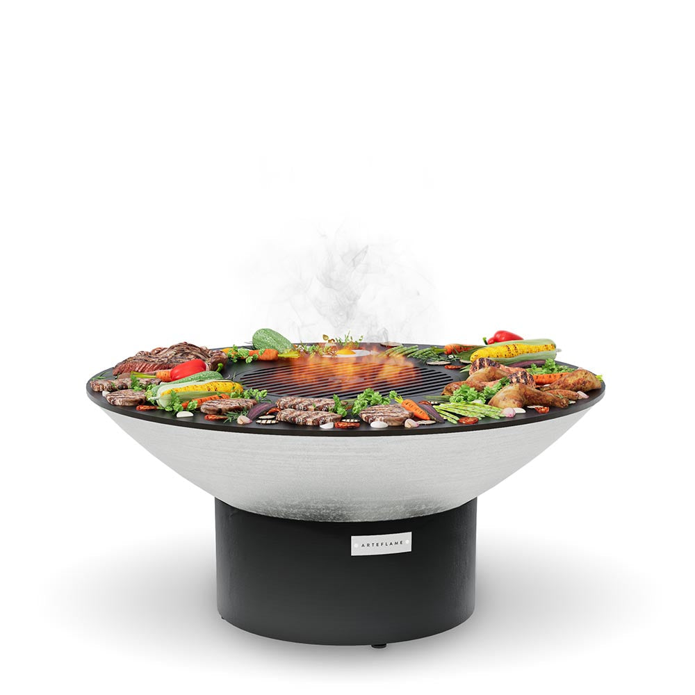 Arteflame 40 stainless fire pit with cooktop on the low round base