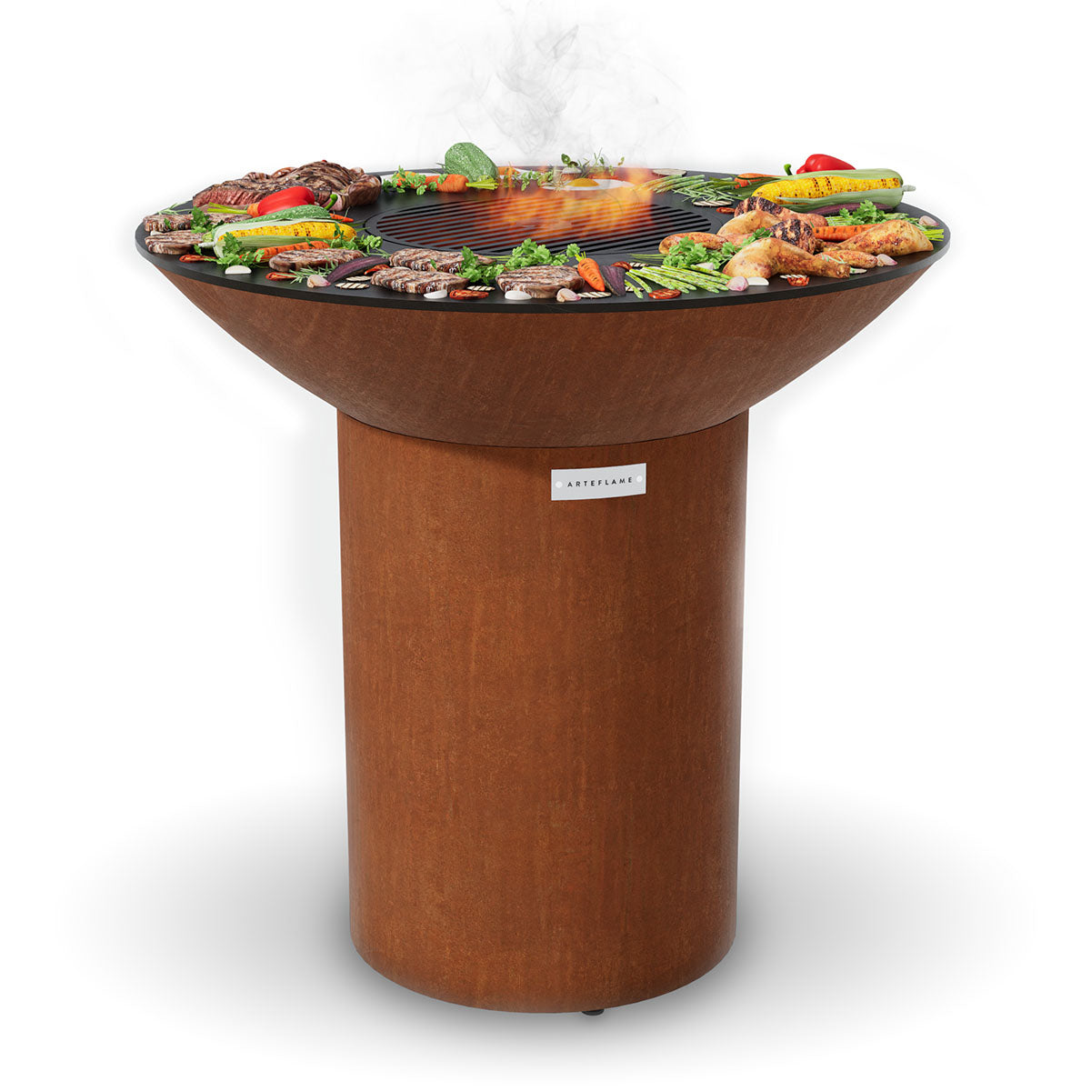 Arteflame Classic 40 grill on a tall round CORTEN base with food on the cooktop