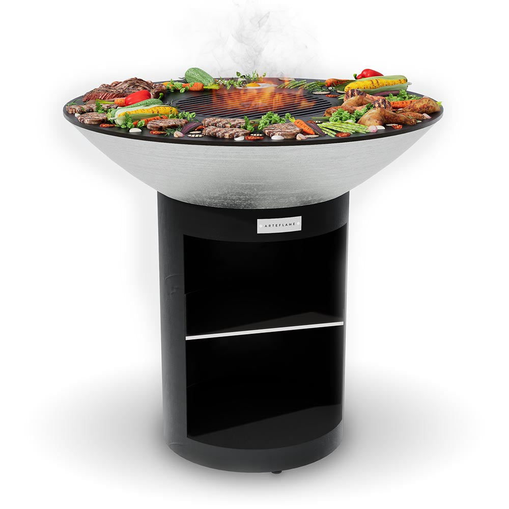 Arteflame 40 stainless grill on the black storage base with food on the cooktop