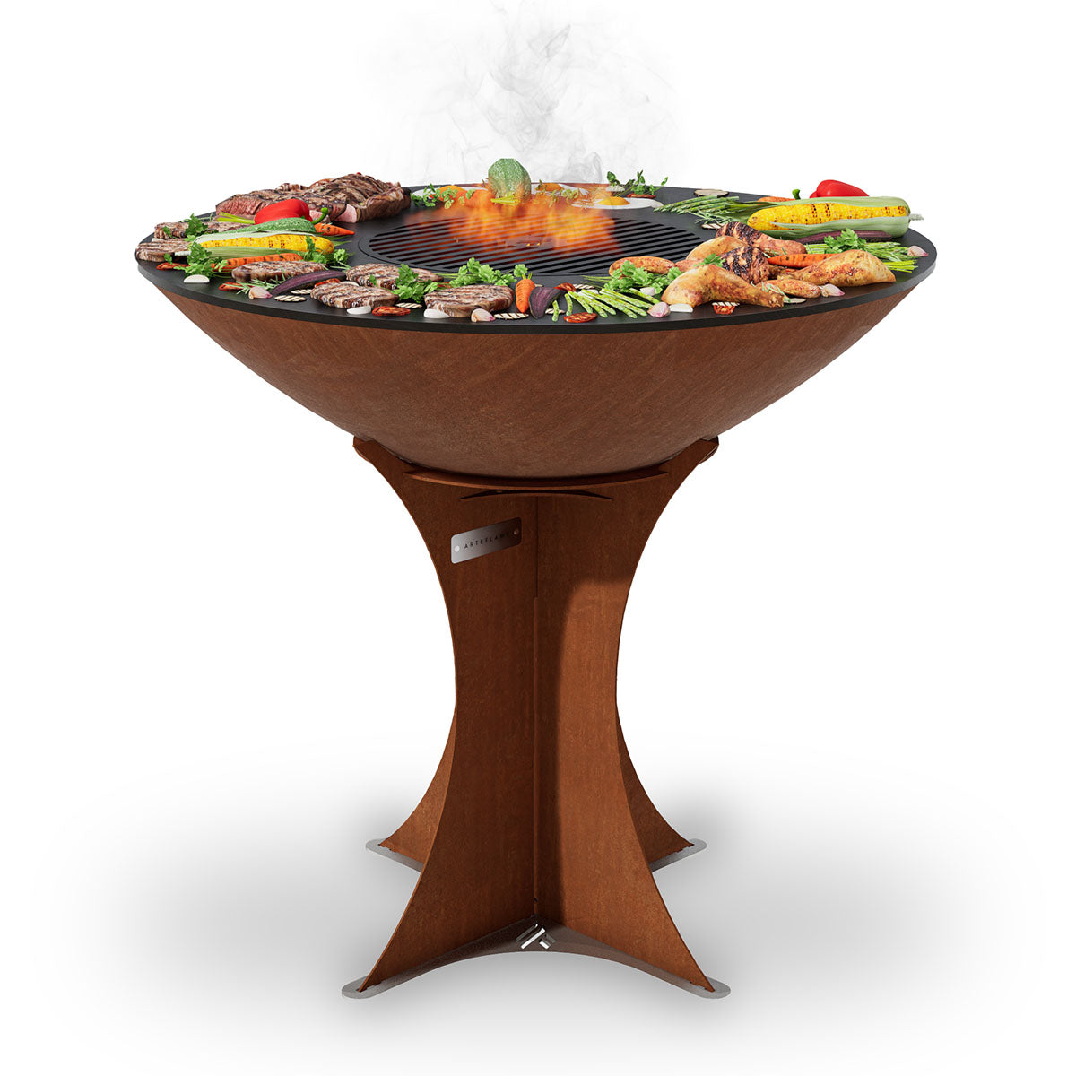 Arteflame Classic 40 grill on a tall CORTEN Euro base with food on the cooktop