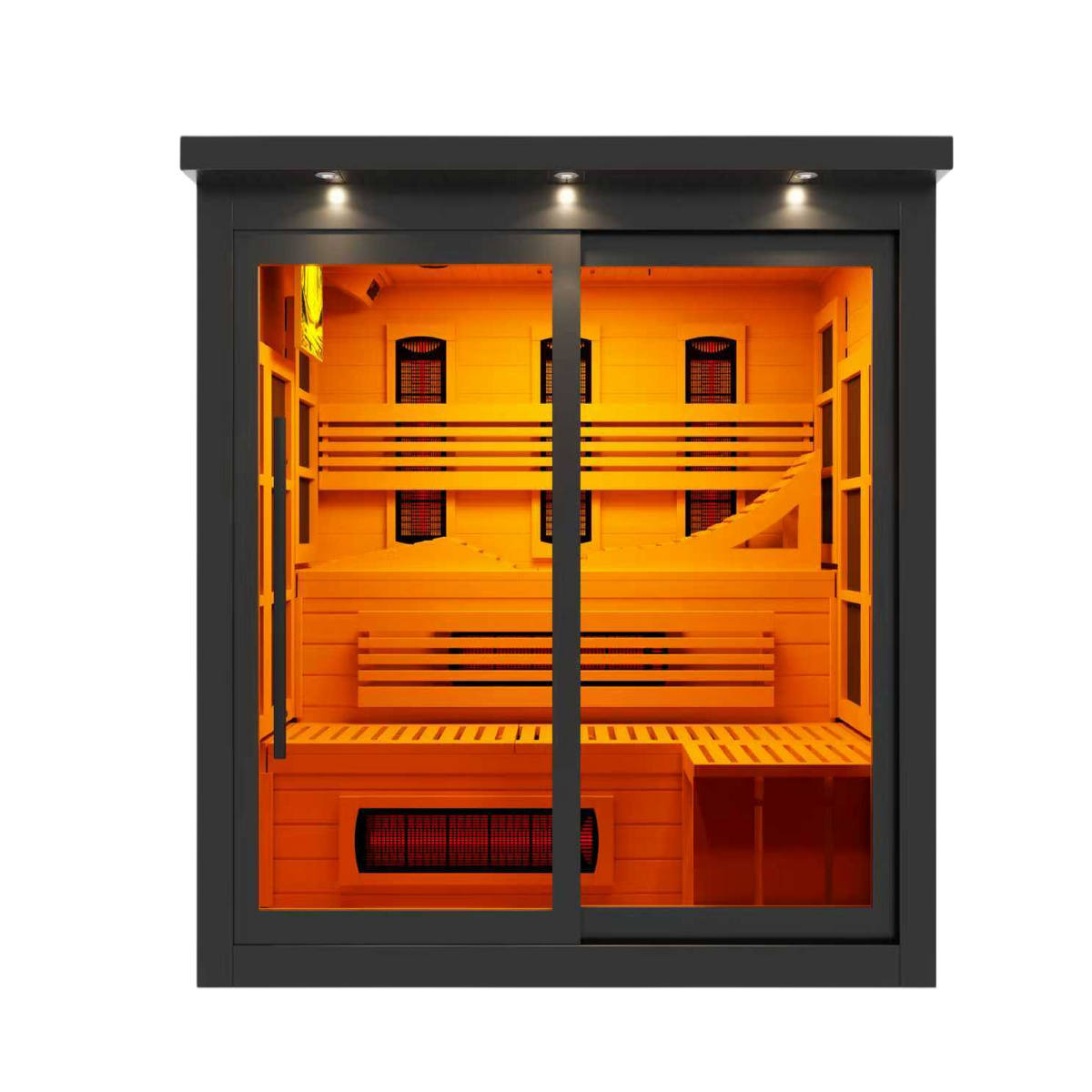 2026 Golden Designs 6 Person Full Spectrum Near Zero EMF FAR IR Sauna, Black Edition, front view, black exterior