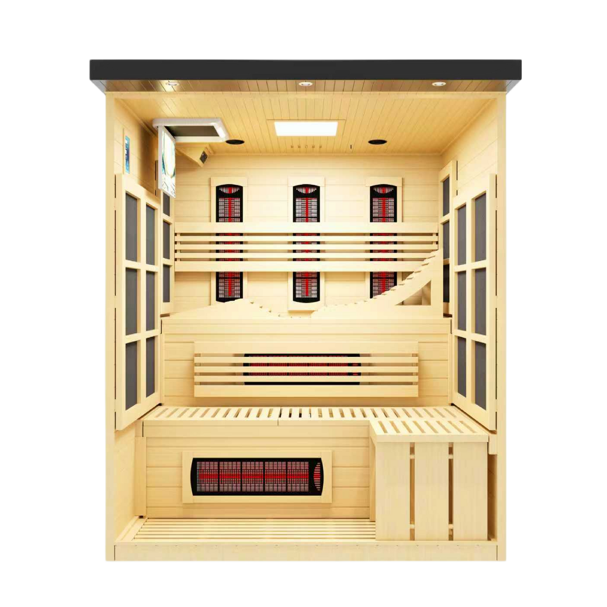 2026 Golden Designs 6 Person Full Spectrum Near Zero EMF FAR IR Sauna, Black Edition, interior view with bench seating