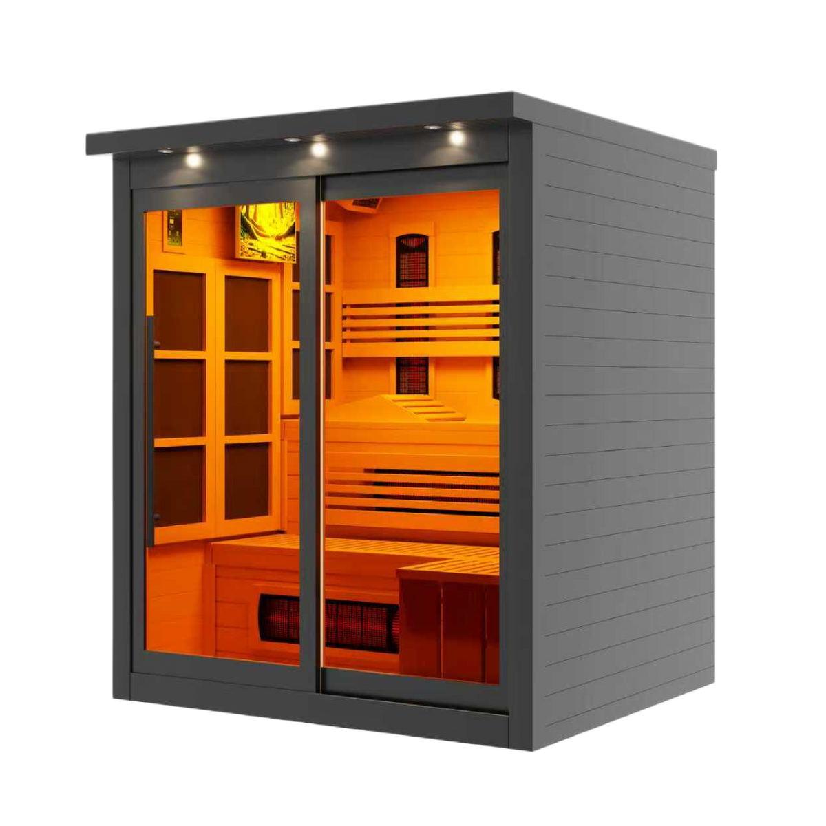 2026 Golden Designs 6 Person Full Spectrum Near Zero EMF FAR IR Sauna, Black Edition, right side view, black exterior