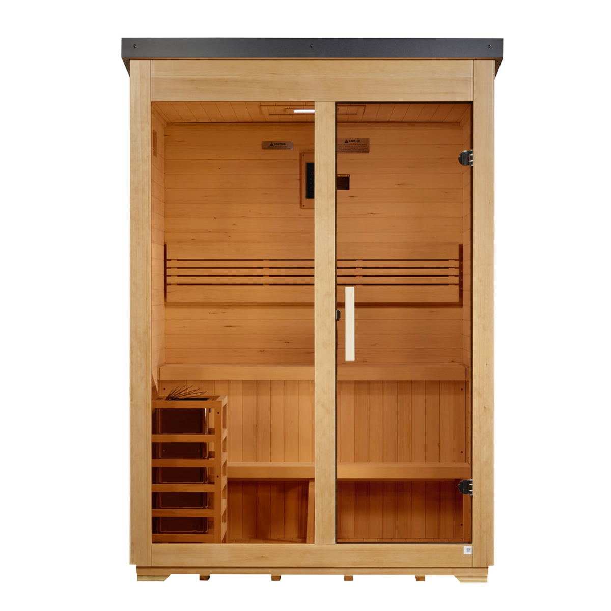 2026 Golden Designs "Arlberg" 3 Person Traditional Flat Roof Outdoor Sauna, front view, flat roof