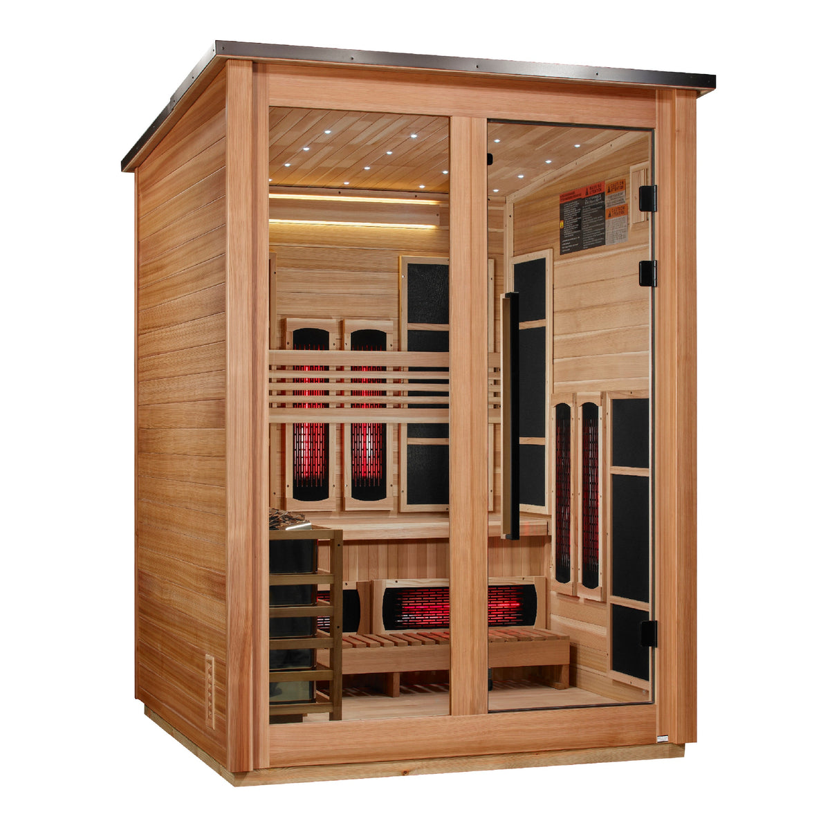 Golden Designs Loviisa 3 Person Hybrid Flat Roof Outdoor Sauna, Pacific Cedar exterior, left side view
