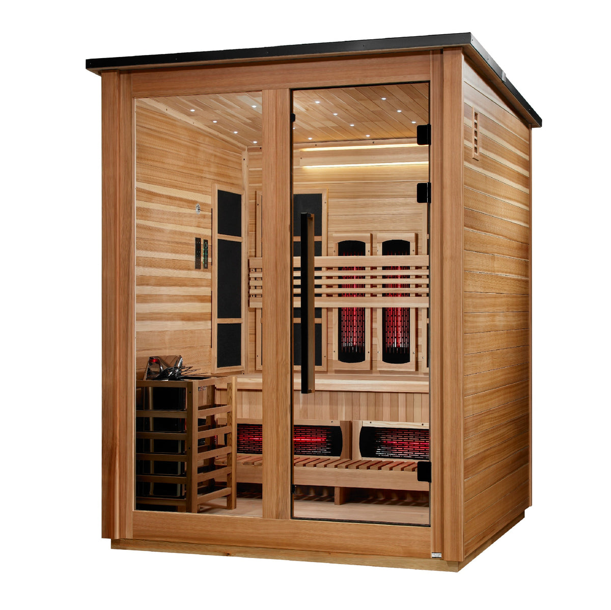 Golden Designs Loviisa 3 Person Hybrid Flat Roof Outdoor Sauna, Pacific Cedar exterior, right side view