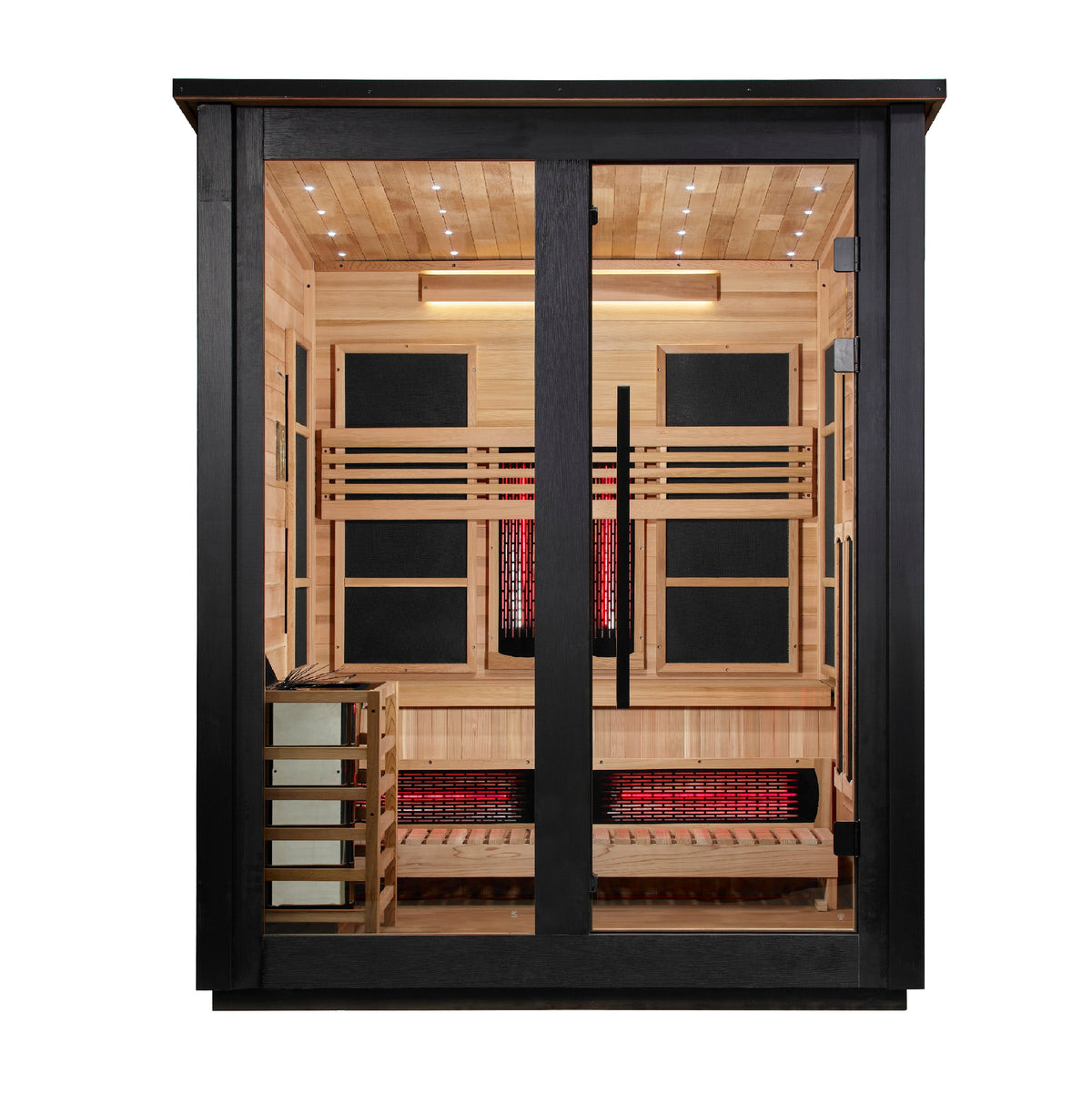 Golden Designs Loviisa 3 Person Hybrid Flat Roof Outdoor Sauna, 2-Tone exterior, front view