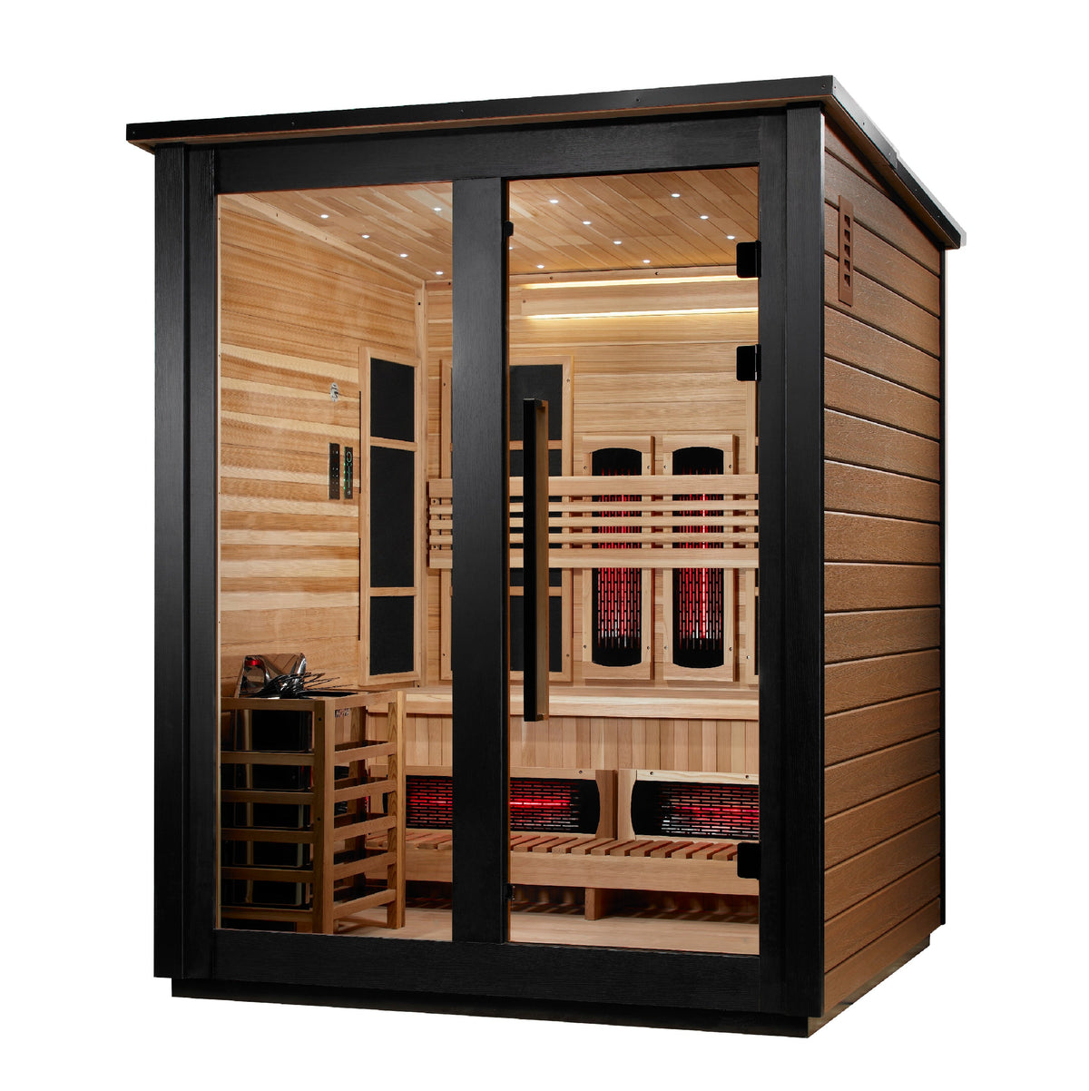 Golden Designs Loviisa 3 Person Hybrid Flat Roof Outdoor Sauna, 2-Tone exterior, right side view