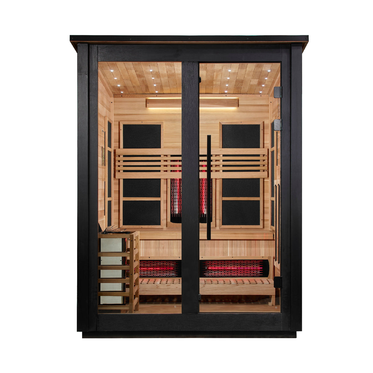 Golden Designs Loviisa 3 Person Hybrid Flat Roof Outdoor Sauna, Black exterior, front view