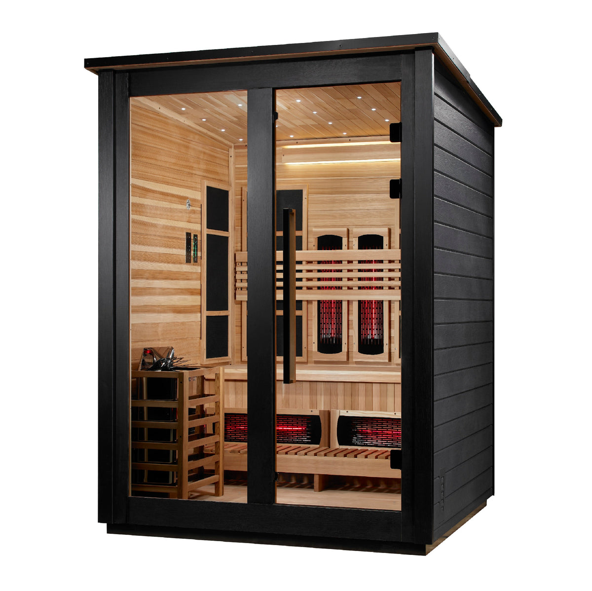 Golden Designs Loviisa 3 Person Hybrid Flat Roof Outdoor Sauna, Black exterior, right side view