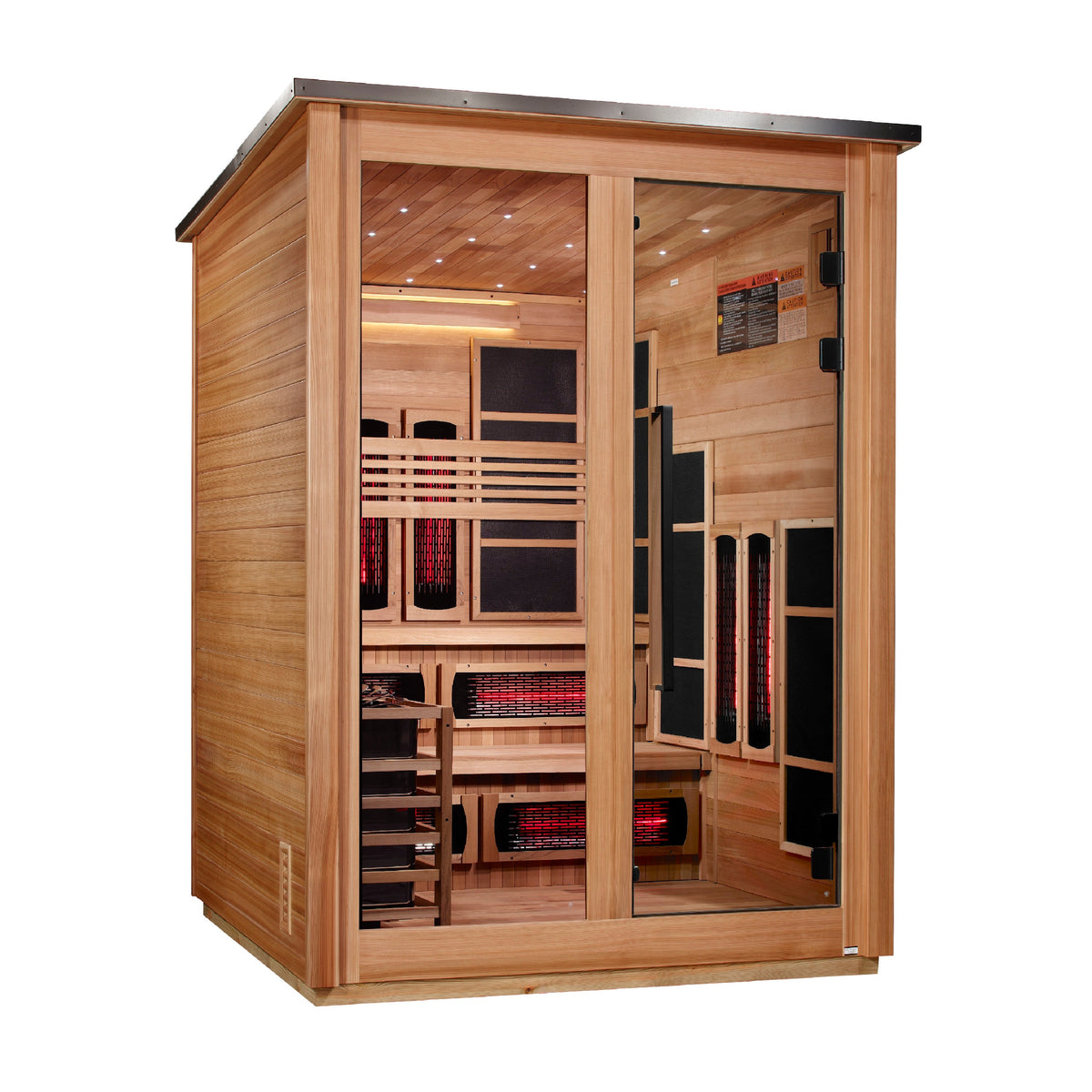 Golden Designs Kaskinen 6 Person Hybrid Flat Roof Outdoor Sauna, Pacific Cedar exterior, left side view
