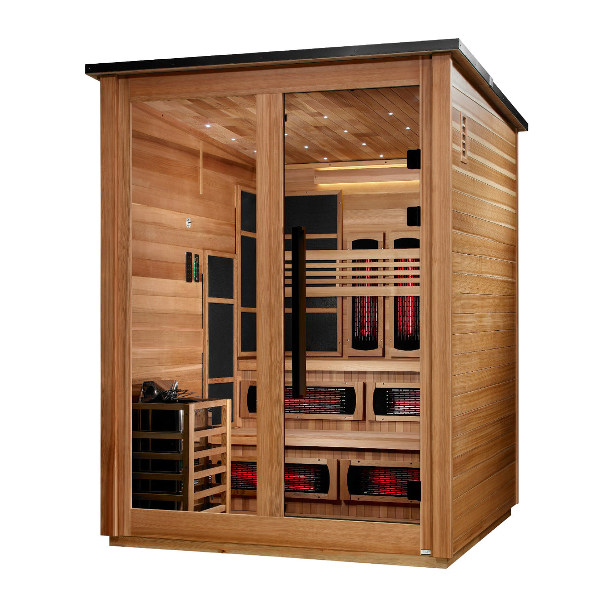 Golden Designs Kaskinen 6 Person Hybrid Flat Roof Outdoor Sauna, Pacific Cedar exterior, right side view
