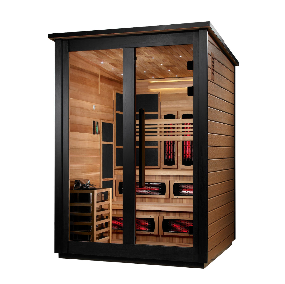 Golden Designs Kaskinen 6 Person Hybrid Flat Roof Outdoor Sauna, 2-Tone exterior, right side view