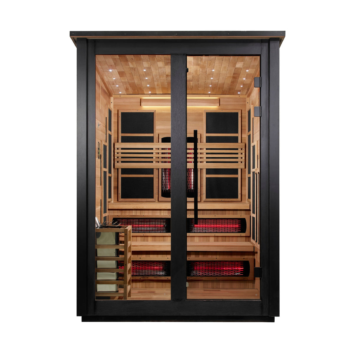 Golden Designs Kaskinen 6 Person Hybrid Flat Roof Outdoor Sauna, Black exterior, front view