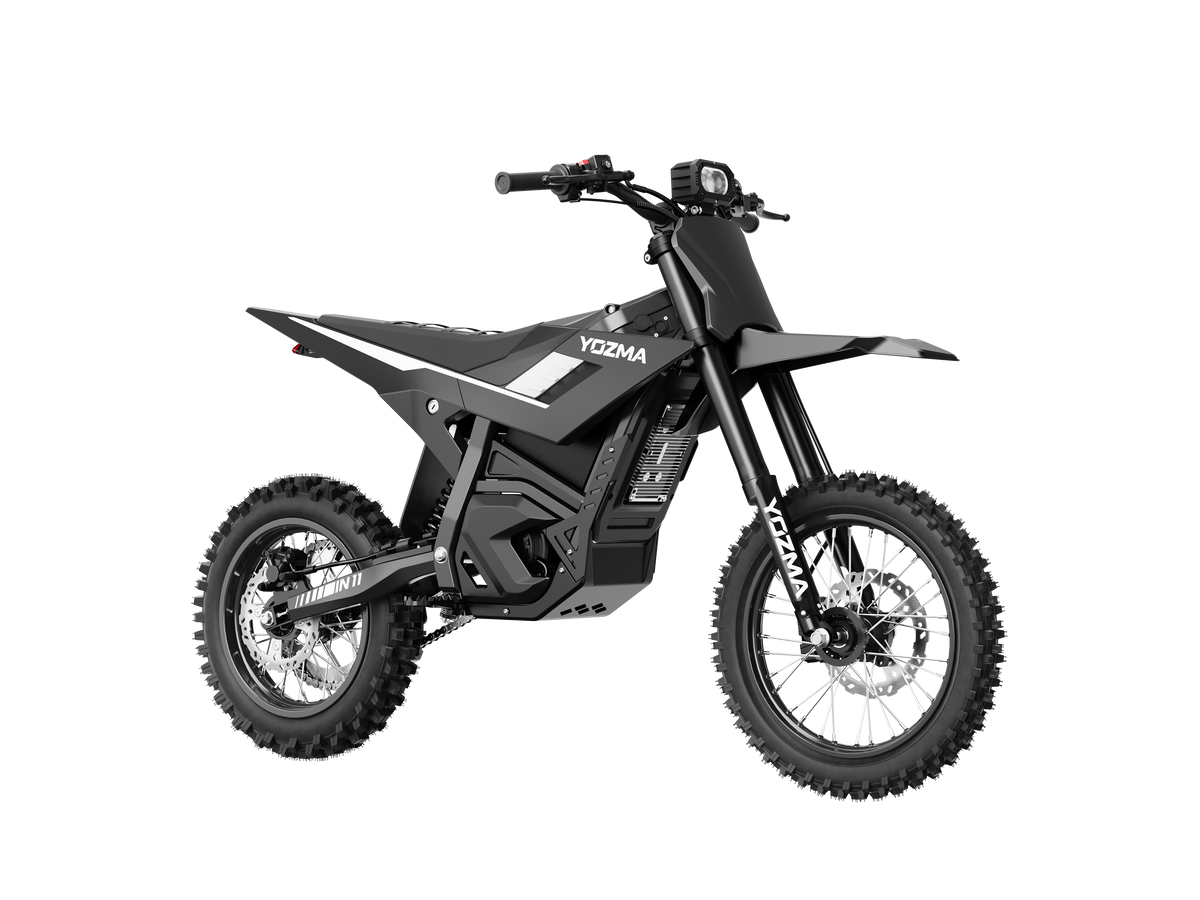 Yozma IN 11 electric dirt bike in black, front three-quarter view