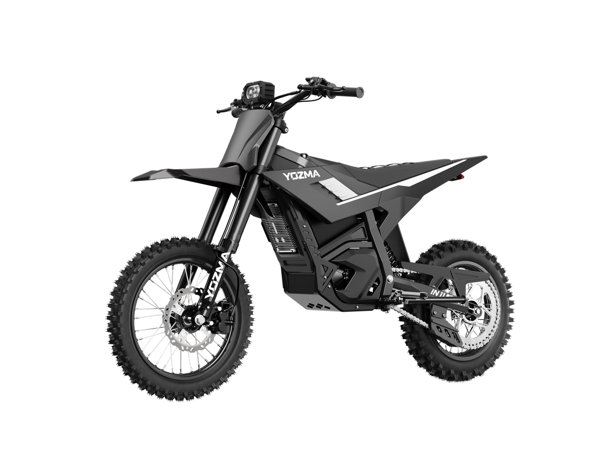 Yozma IN 11 electric dirt bike in black, angled view