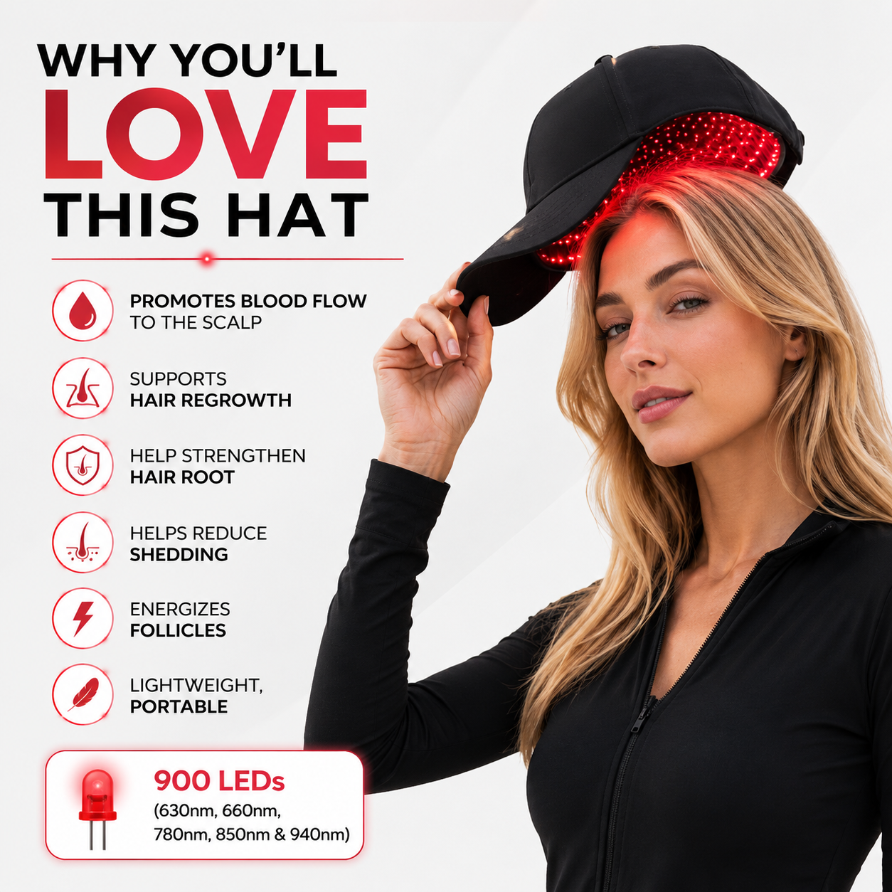 Red Light Therapy Hat - 900 LEDs, 5 Wavelengths