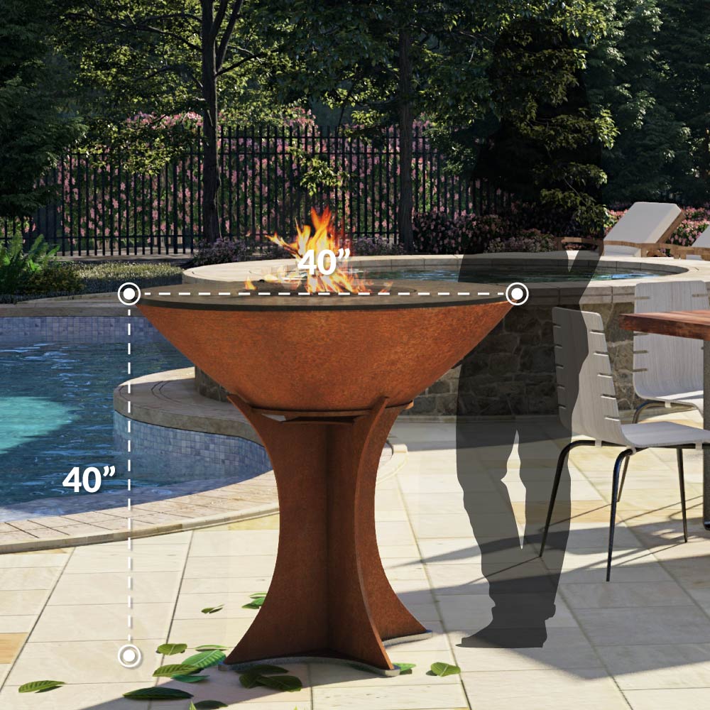 Arteflame Classic 40 Euro base by a pool next to a person, showing the 40 inch height