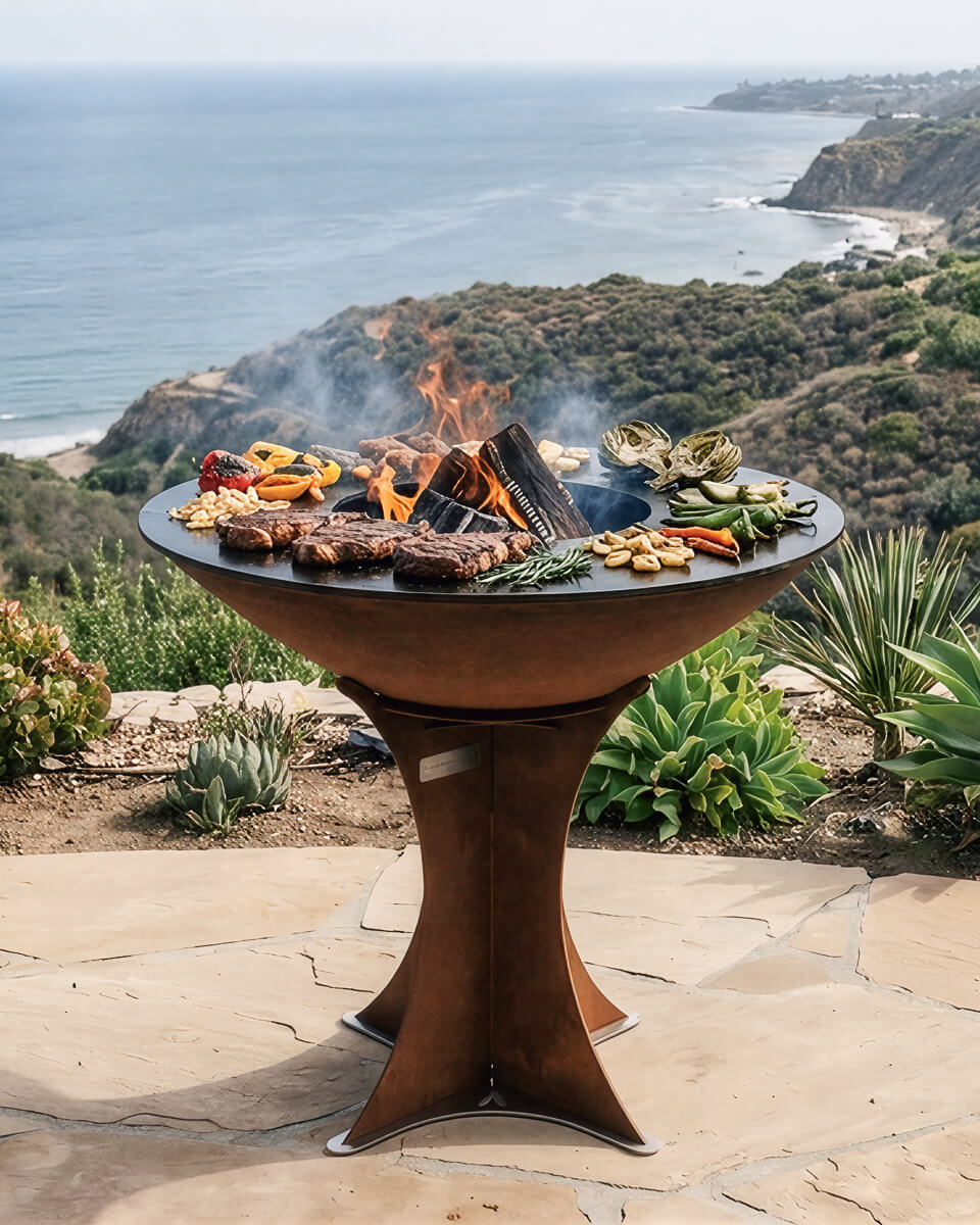 Arteflame Classic 40 Euro base on a stone patio overlooking the ocean