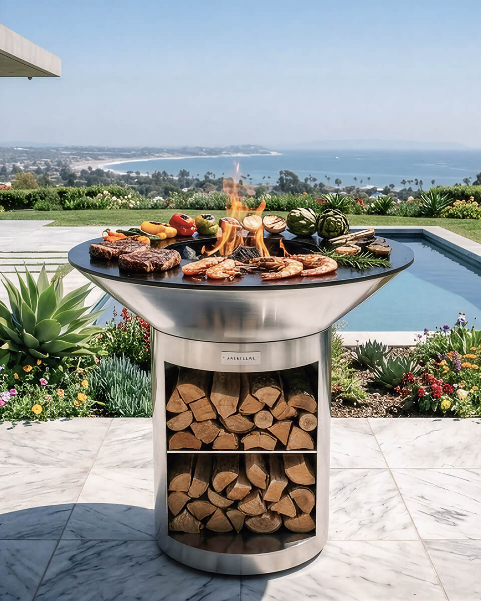Arteflame 40 stainless grill with firewood in the storage base by a pool