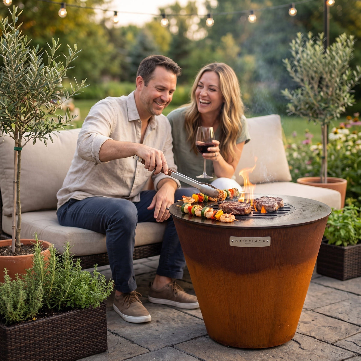 Couple cooking on an Arteflame ONE20 from the sofa