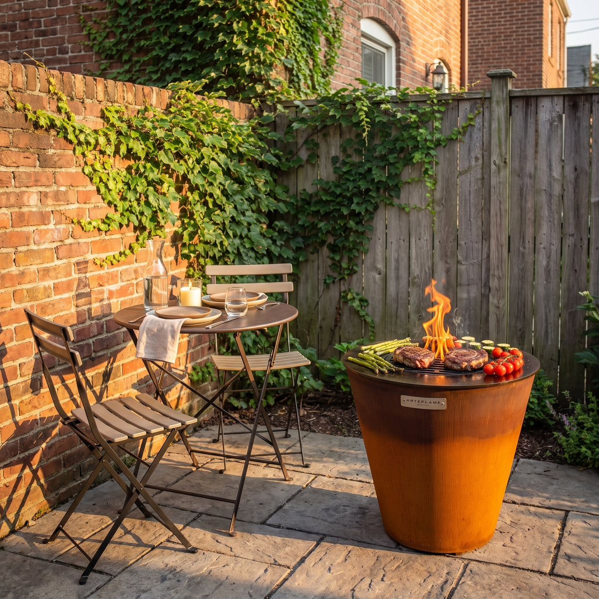 Arteflame ONE20 on a brick courtyard