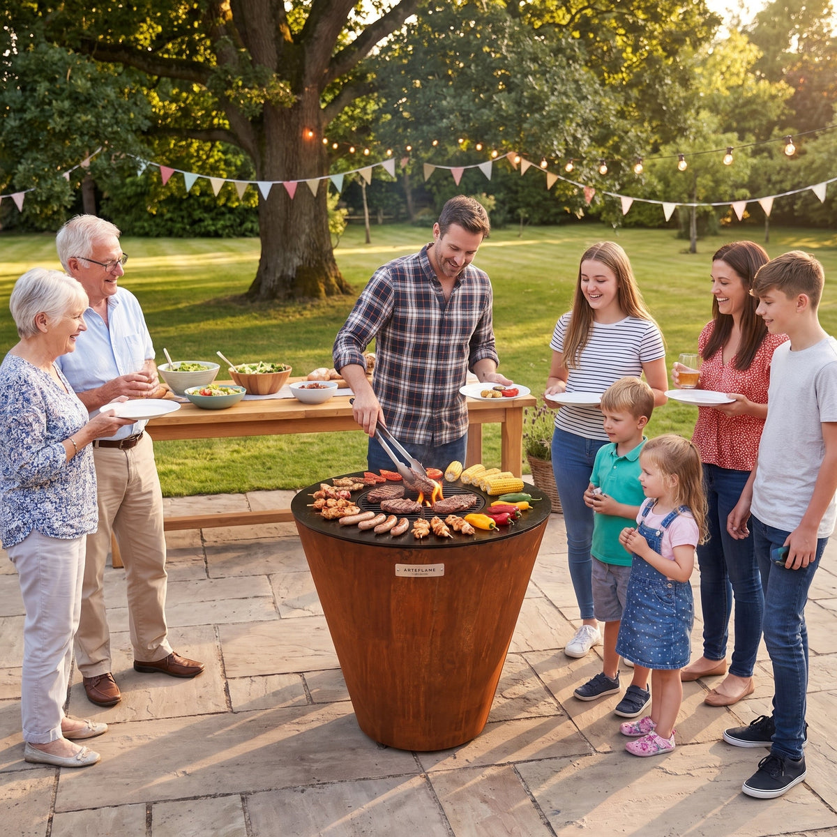 Family in a garden gathered around an Arteflame ONE30