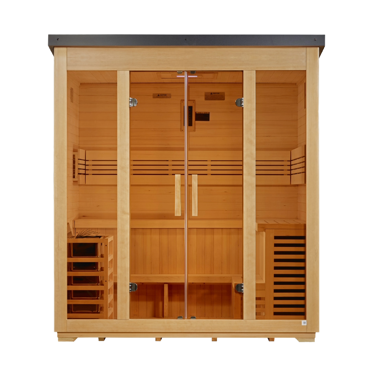 2026 Golden Designs "Vorarlberg" 5 Person Traditional Flat Roof Outdoor Sauna, front view, flat roof