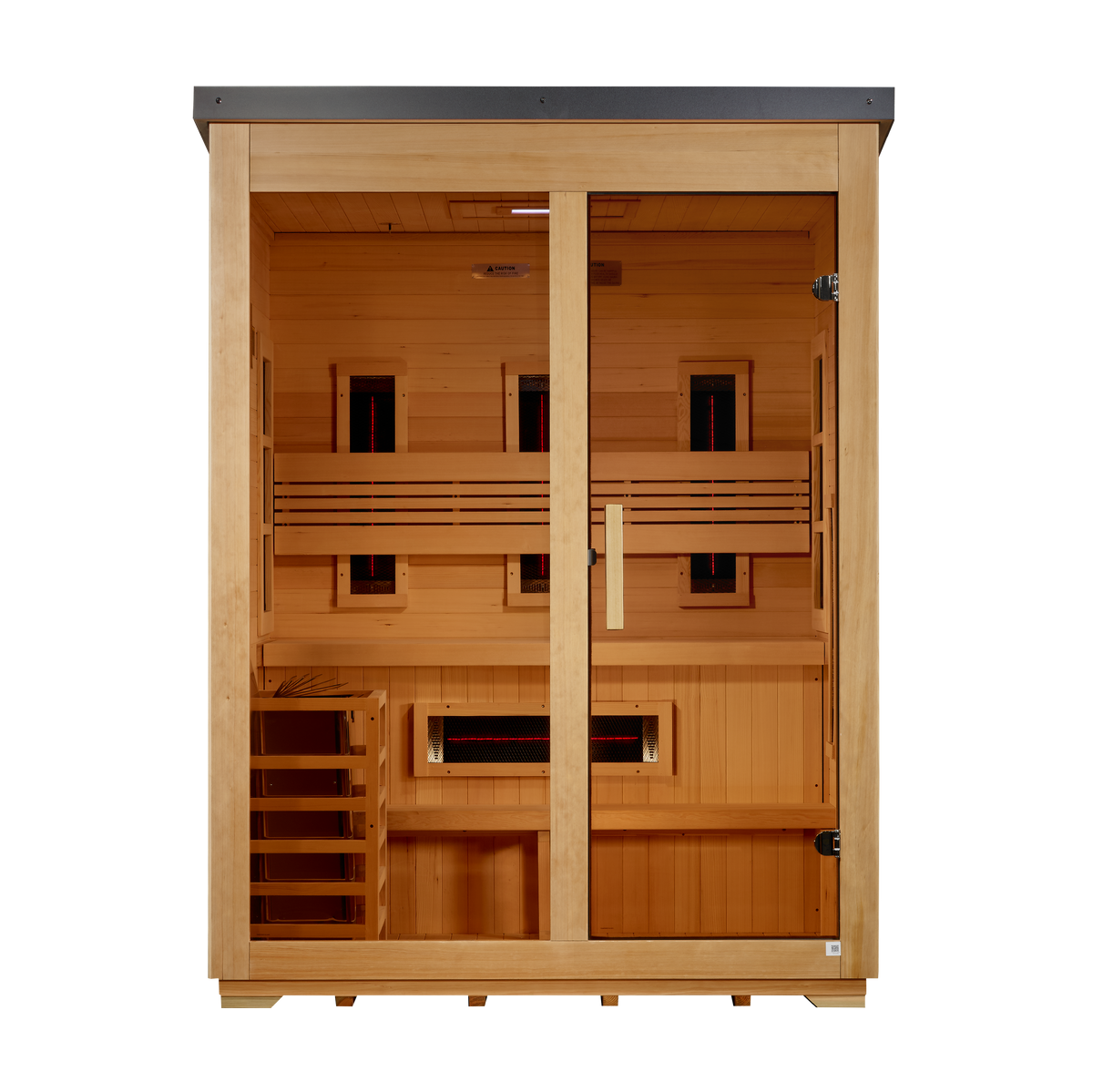 2026 Golden Designs "Carinthia" 3 Person Hybrid Flat Roof Outdoor Sauna, front view, flat roof