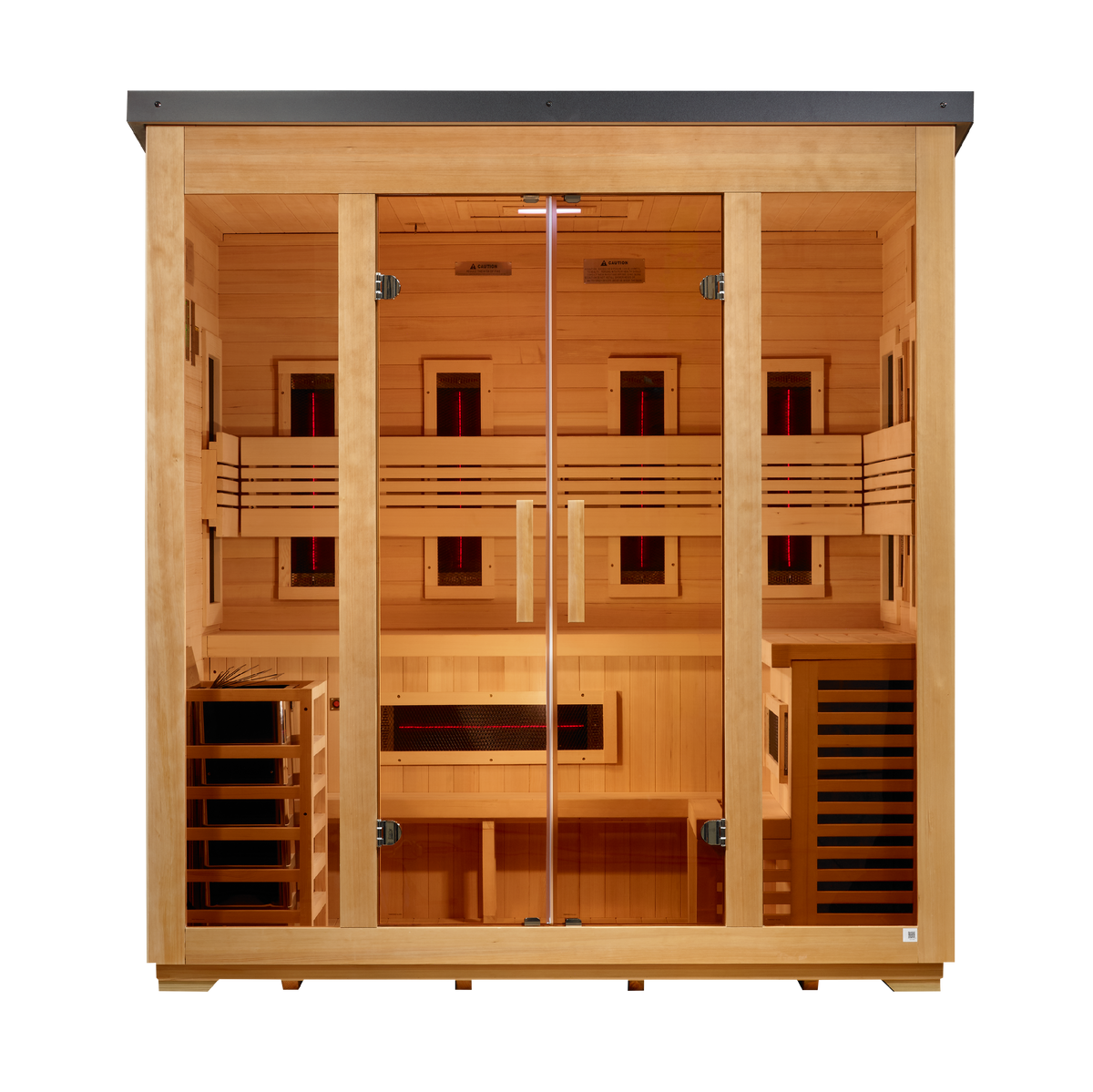 2026 Golden Designs "Gargellen" 5 Person Hybrid Flat Roof Outdoor Sauna, front view, flat roof