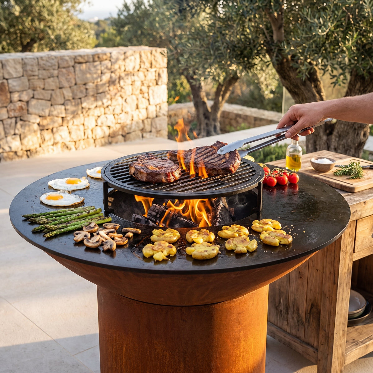 Steaks searing on the center grate of an Arteflame Classic 40 with vegetables around them
