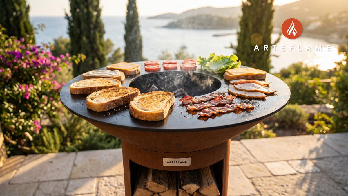 Arteflame Classic 40 with storage base on a terrace, bread and steaks on the cooktop